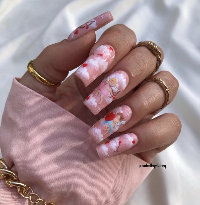 Valentine Nails 2023 - hand painted cupid