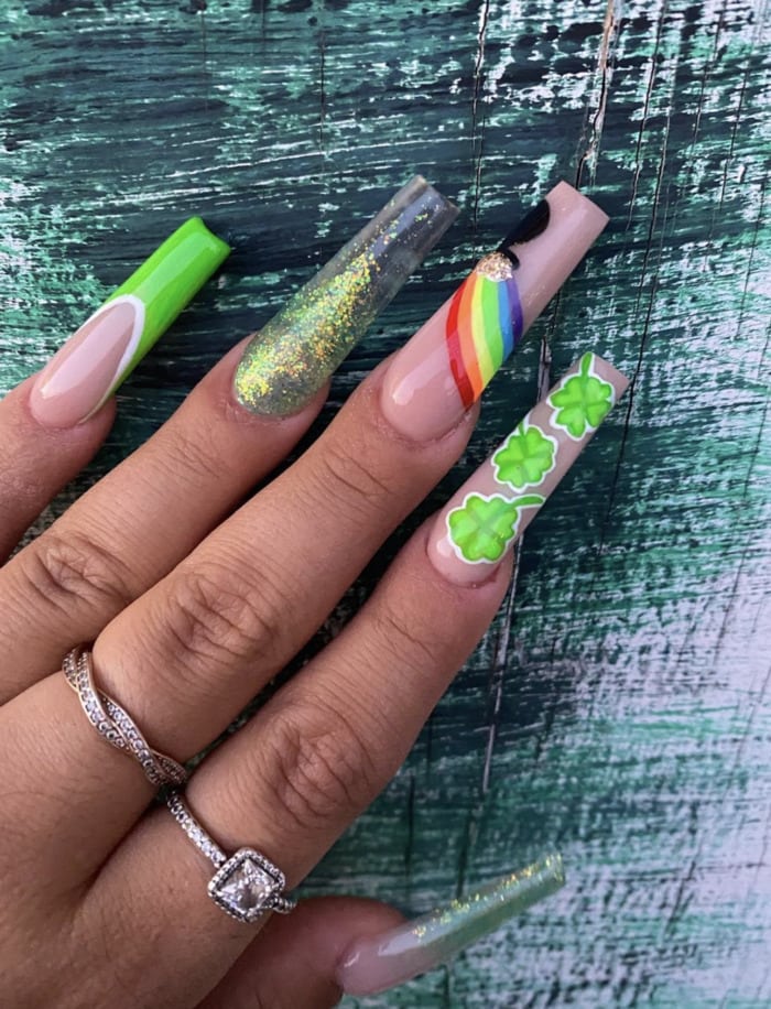 St Patricks Day Nail Designs - long rainbow