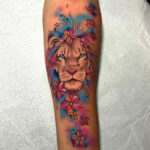 Watercolor Tattoo - lion with flowers