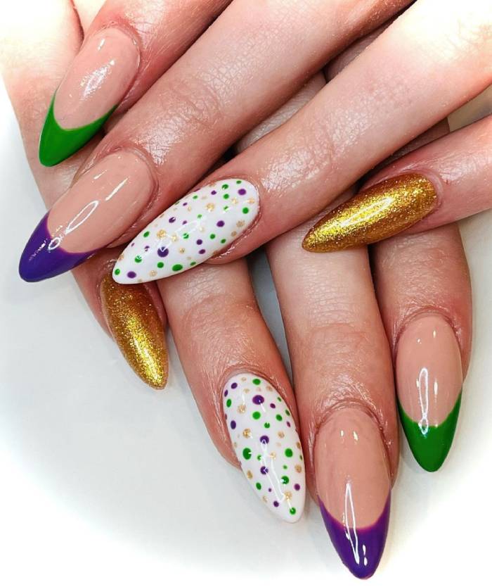 Mardi Gras Nails - polka dots and french tips