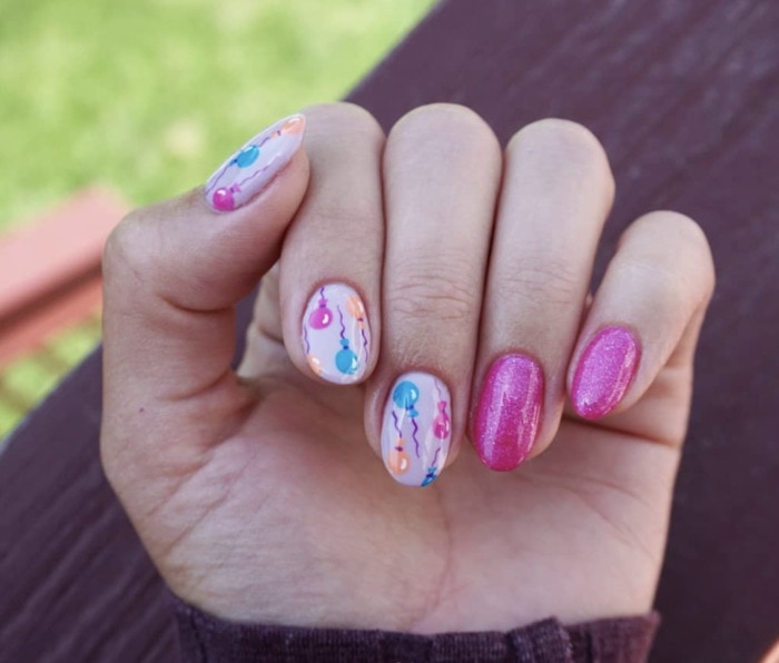 Birthday nails - balloons and pink
