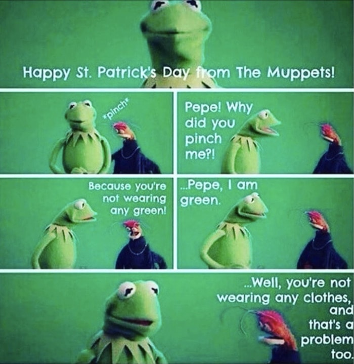 St Patrick's Day Memes - kermit wearing green