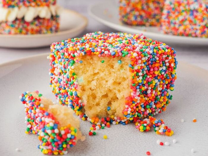 Rainbow desserts- Fairy Bread Lamingtons