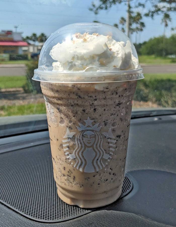 Starbucks Chocolate Java Mint Frappuccino review - in car