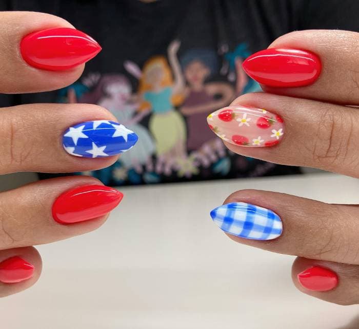 July Nail Design Ideas - Stars, Strawberries, and gingham