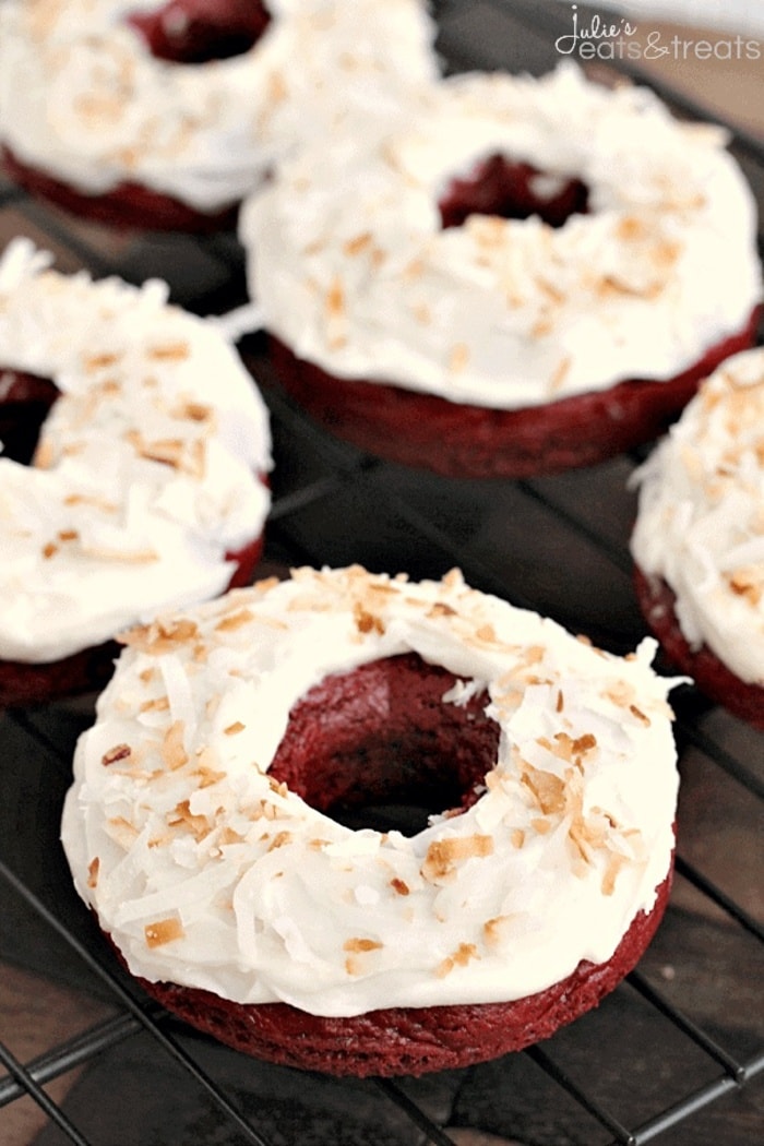 coconut recipes - Toasted Coconut Red Velvet Donuts