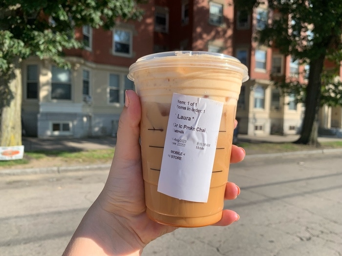 Starbucks Iced Pumpkin Chai Tea Latte Review - drink with ordering tag