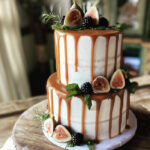 fall wedding cakes - fig and caramel drip on white frosting