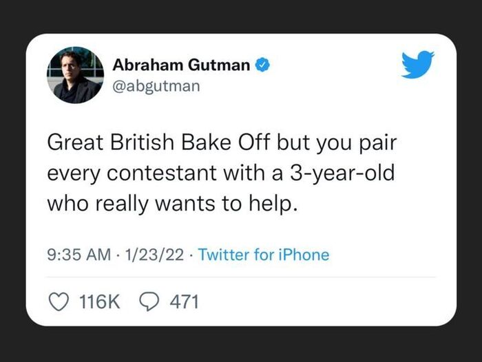 Great British Bake Off Memes - pairing contestant with a 3-year-old