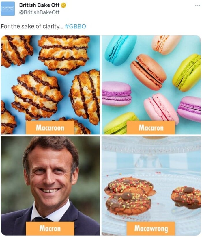 Great British Bake Off Memes - macaroon vs macaron vs Macron vs Macawrong