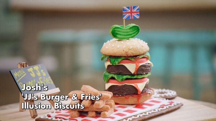 best great british baking show showstoppers - JJ’s Burger and Fries Illusion Biscuits