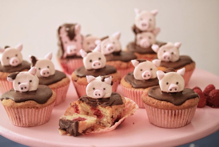 Kim Joy Recipes - Raspberry and Chocolate Cupcakes with Marshmallow Pig Topper