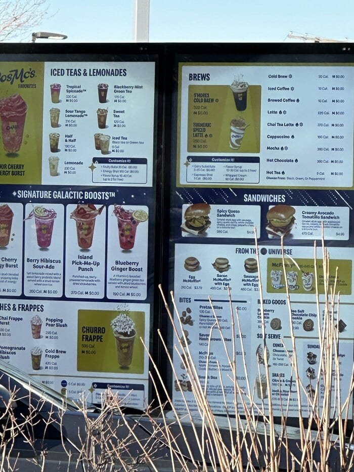 CosMc's Menu McDonald's Restaurant Spinoff - Espresso Drinks and Sandwiches