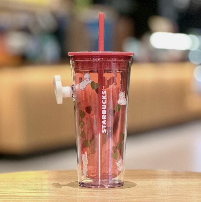 Starbucks Cat Cups 2024 - red cold cup with paw decoration