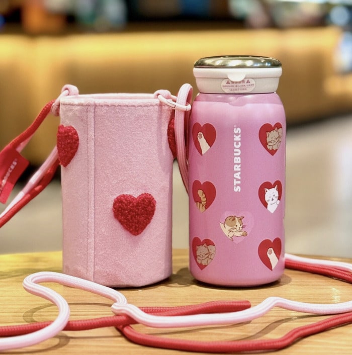 Starbucks Cat Cups 2024 - pink conversation heart tumbler with bag