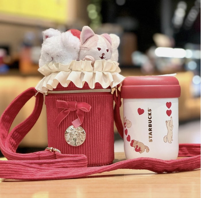 Starbucks Cat Cups 2024 - red bag with stainless steel tumbler