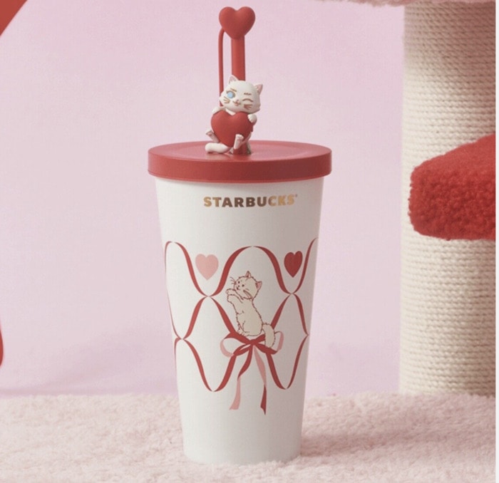 Starbucks Cat Cups 2024 - tumbler with cat topper and red heart straw topper
