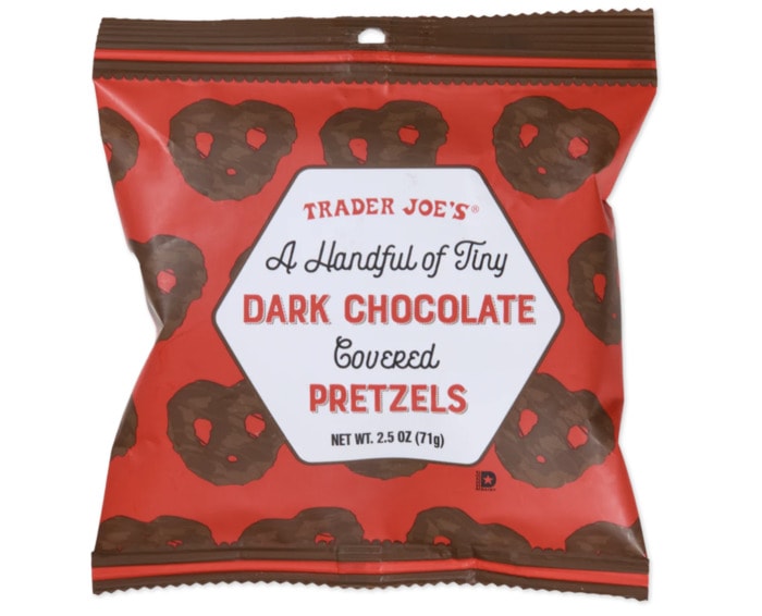 Trader Joes Valentine's Products 2024 - A Handful of Tiny Dark Chocolate Pretzels 