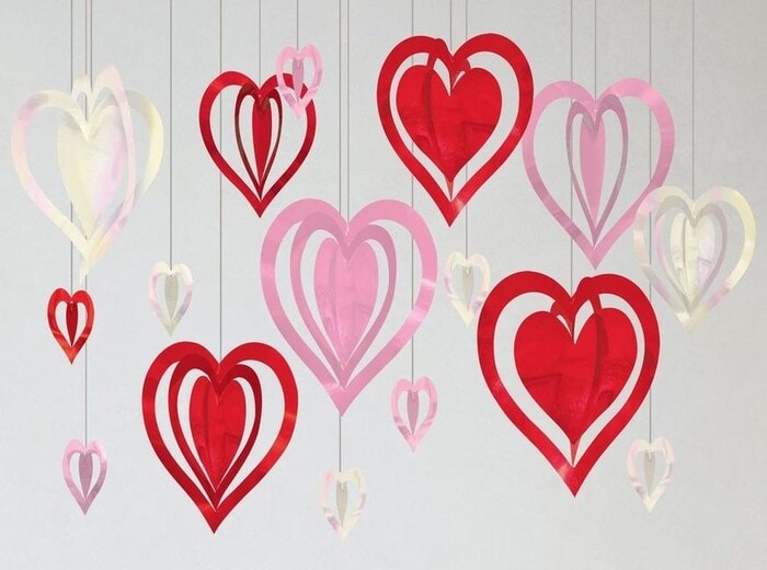 Valentine's Day Decor Ideas - 16-Count Pink, Red & Iridescent 3D Heart Foil & Plastic Hanging Decorations
