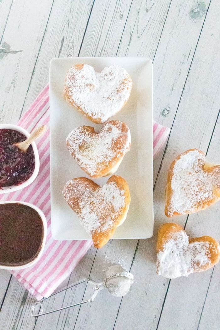 Valentine's Day Treats - Heart Beignets with Chocolate Sauce