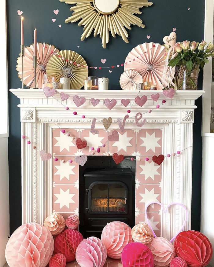 Valentine's Day Room Decor Inspo - pink and white mantel