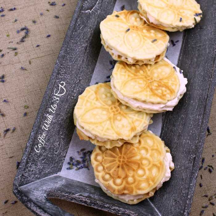 Lavender Cookies - Lemon Pizzelle Sandwiches with Lavender Cheesecake