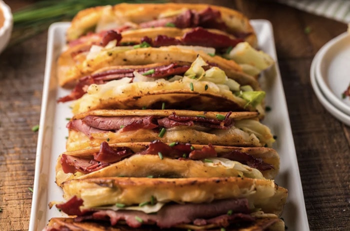 st patricks day food ideas - Irish Tacos with Potatoes, Corned Beef, Cabbage, and Onions