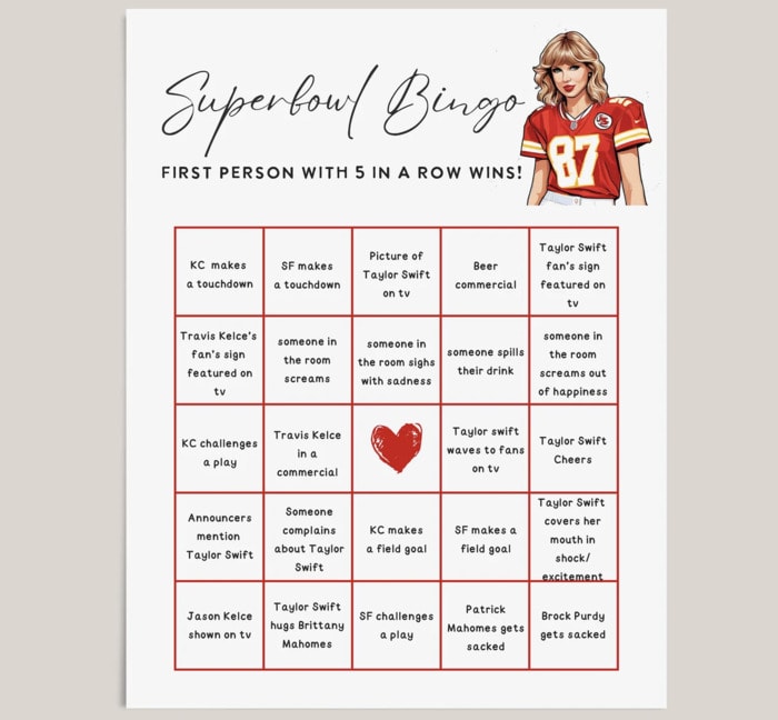 Taylor Swift Themed Super Bowl Party Ideas - bingo game