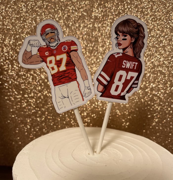 Taylor Swift Themed Super Bowl Party Ideas - travis kelce and taylor swift cake toppers