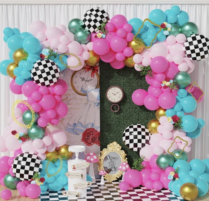 the best Alice in Wonderland Party Decorations - balloon garland kit