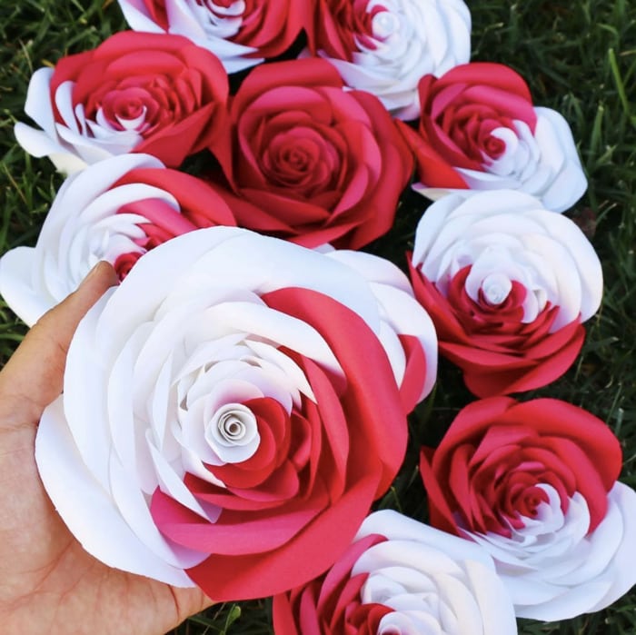 the best Alice in Wonderland Party Decorations - red and white paper roses