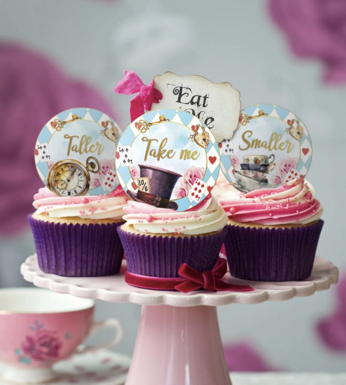 the best Alice in Wonderland Party Decorations - edible cupcake toppers