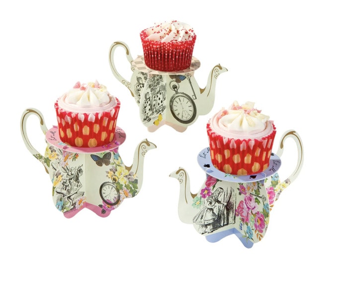 the best Alice in Wonderland Party Decorations - teapot cupcake stands