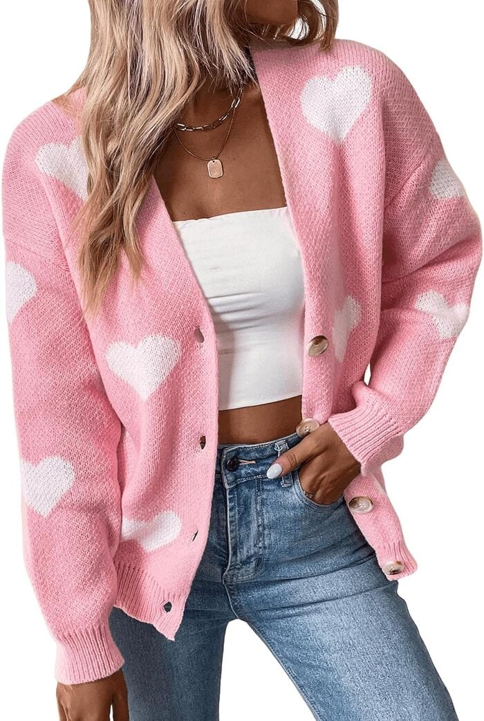 Valentine's Day Costume Ideas - Heart Pink V-Neck Knit Sweater Cardigan