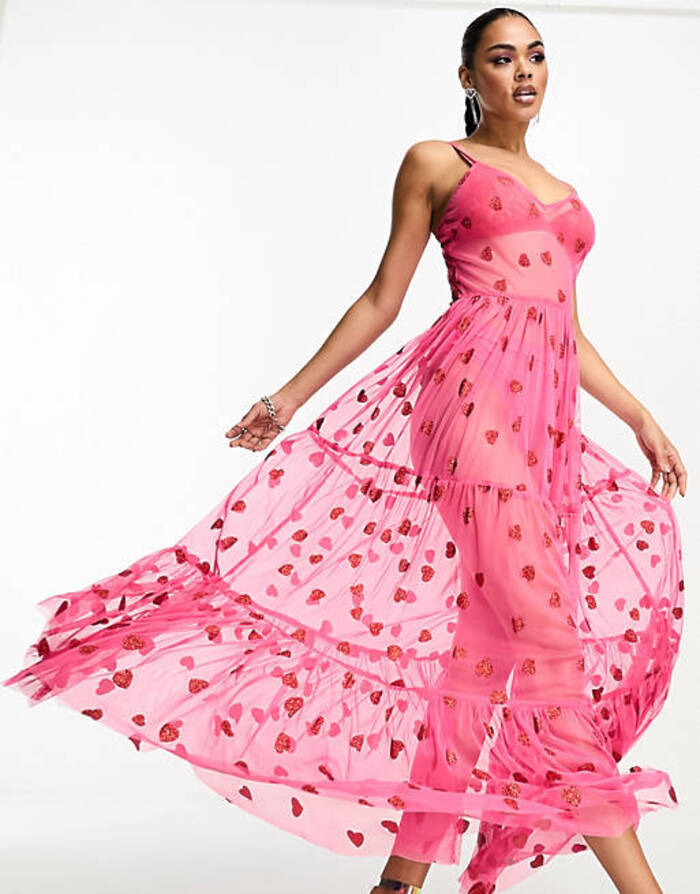 Valentine's Day Costume Ideas - Lace & Beads Sheer Maxi Dress in Pink and Red Heart