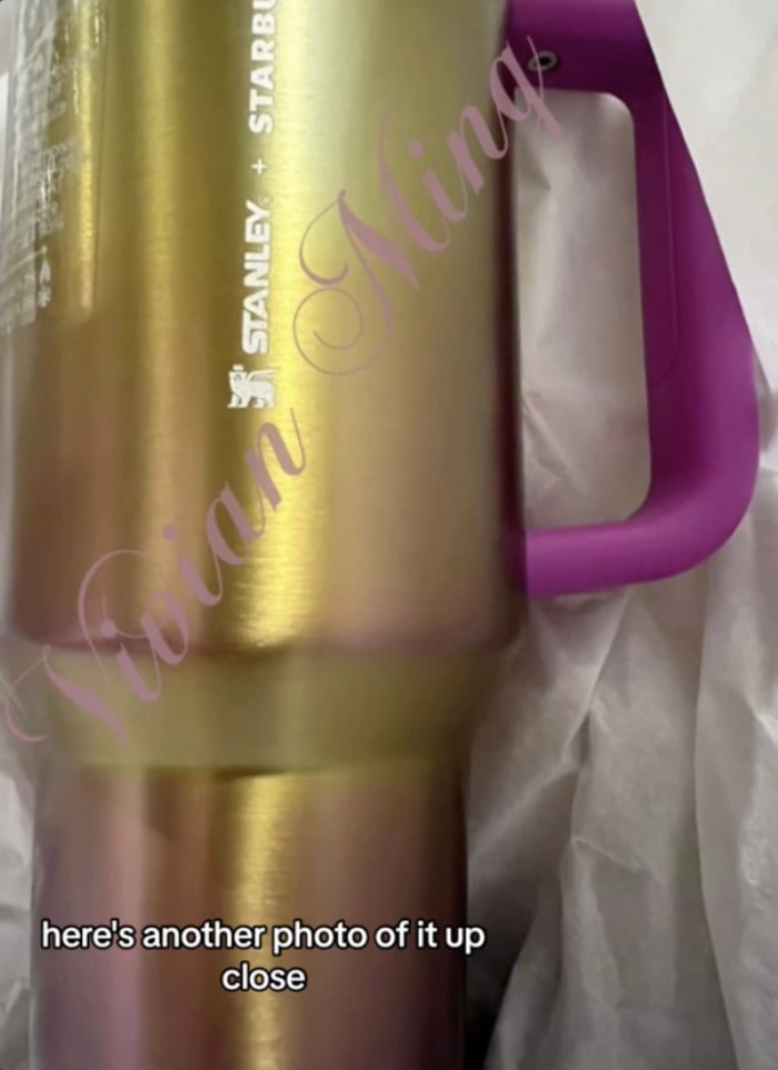 Starbucks Stanley Cup Summer 2024 - Gold Pink Chrome Quencher Closeup